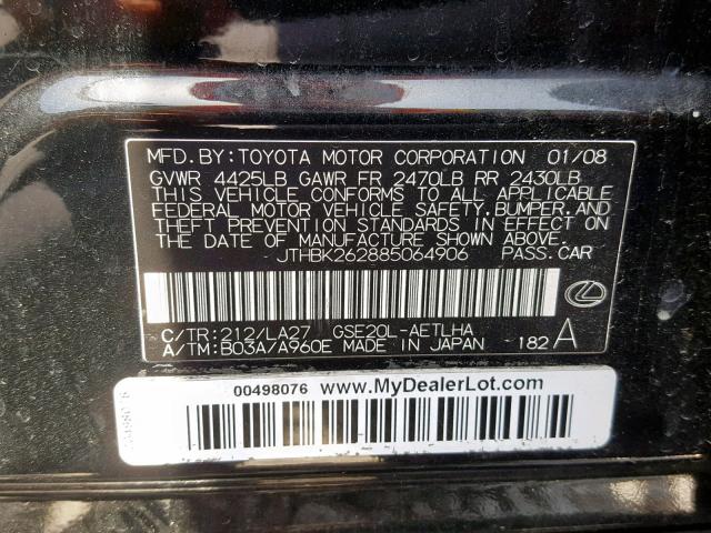 JTHBK262885064906 - 2008 LEXUS IS 250 BLACK photo 10