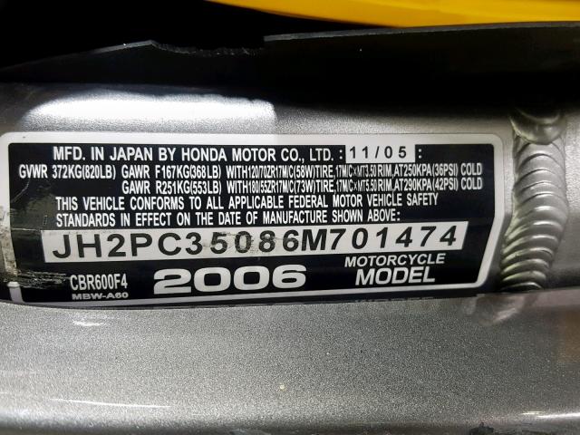 JH2PC35086M701474 - 2006 HONDA CBR600 F4 YELLOW photo 20