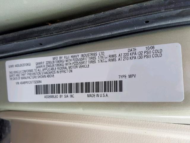 4S4BP61CX77323064 - 2007 SUBARU LEGACY OUT GOLD photo 10