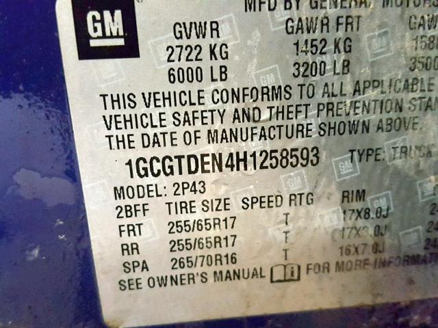 1GCGTDEN4H1258593 - 2017 CHEVROLET COLORADO Z BLUE photo 10