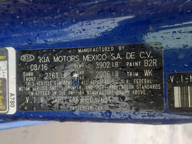 3KPFL4A89HE037631 - 2017 KIA FORTE EX BLUE photo 10