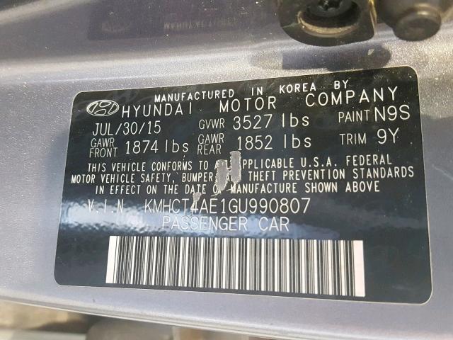 KMHCT4AE1GU990807 - 2016 HYUNDAI ACCENT SE GRAY photo 10