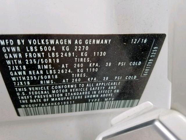 WVGUV7AX4HK019511 - 2017 VOLKSWAGEN TIGUAN SPO 白色 照片 10