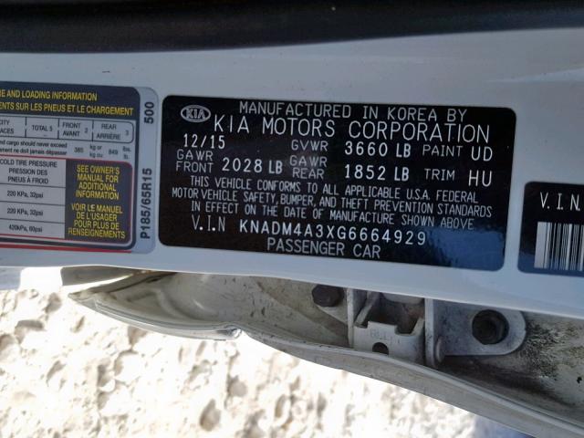 KNADM4A3XG6664929 - 2016 KIA RIO LX WHITE photo 10