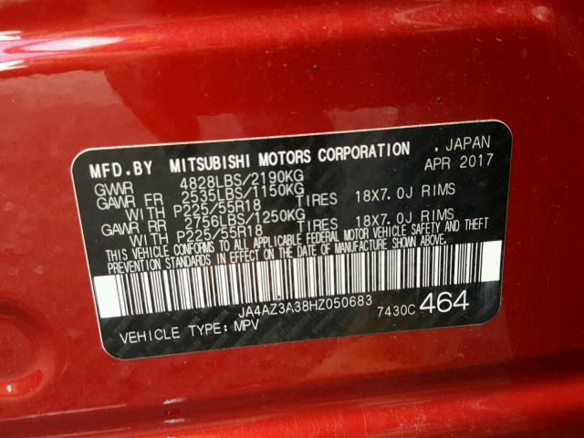 JA4AZ3A38HZ050683 - 2017 MITSUBISHI OUTLANDER RED photo 10