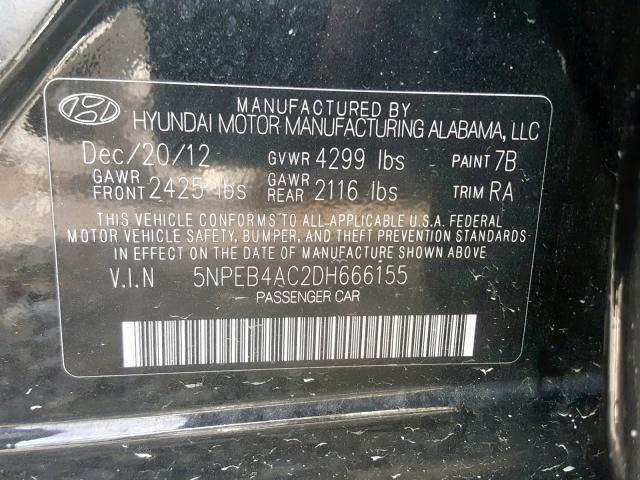 5NPEB4AC2DH666155 - 2013 HYUNDAI SONATA GLS BLACK photo 10