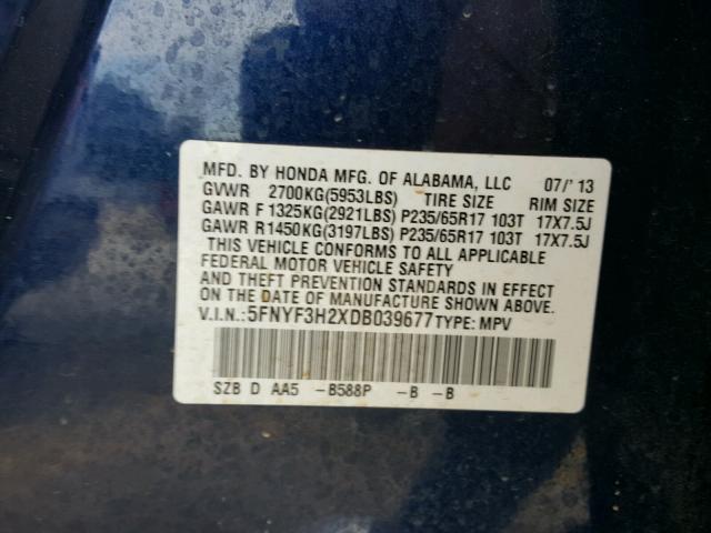 5FNYF3H2XDB039677 - 2013 HONDA PILOT LX BLUE photo 10