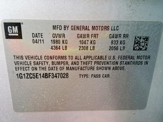 1G1ZC5E14BF347028 - 2011 CHEVROLET MALIBU 1LT SILVER photo 10