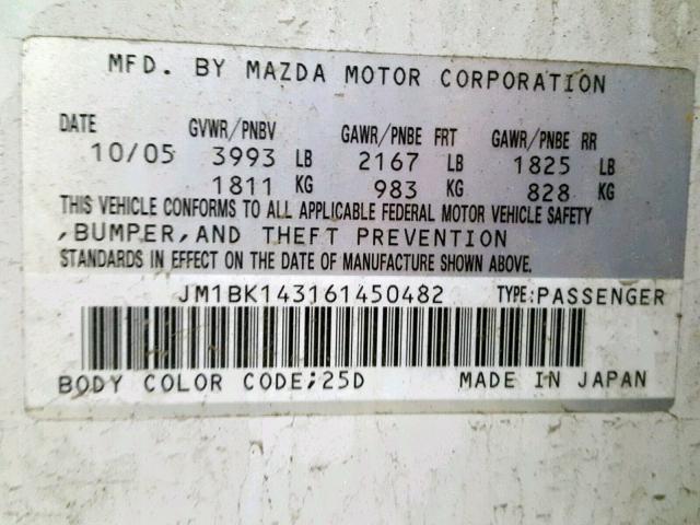 JM1BK143161450482 - 2006 MAZDA 3 HATCHBAC WHITE photo 10