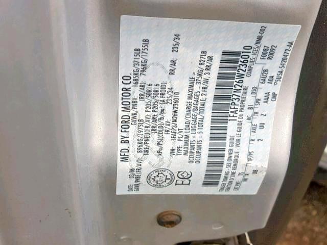 1FAFP37N26W236010 - 2006 FORD FOCUS ZX5 SILVER photo 9