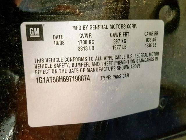 1G1AT58H697198874 - 2009 CHEVROLET COBALT LT BLACK photo 10