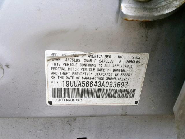 19UUA56643A093693 - 2003 ACURA 3.2TL SILVER photo 10