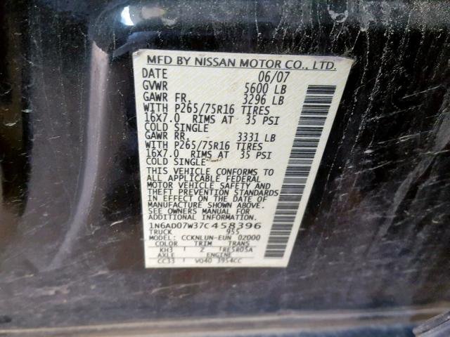 1N6AD07W37C458396 - 2007 NISSAN FRONTIER C BLACK photo 10