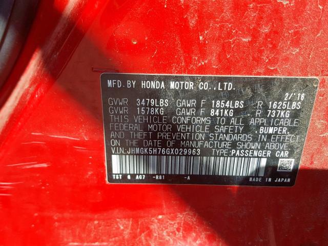 JHMGK5H76GX029963 - 2016 HONDA FIT EX RED photo 10