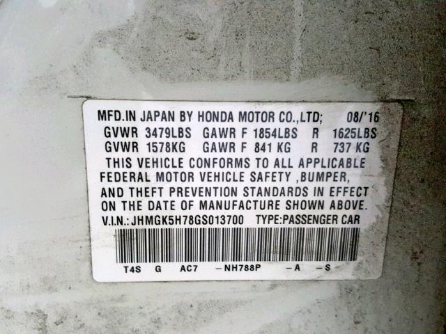 JHMGK5H78GS013700 - 2016 HONDA FIT EX WHITE photo 10