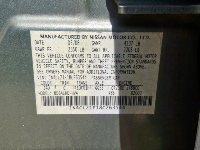 1N4CL21E18C263544 - 2008 NISSAN ALTIMA HYB GREEN photo 10