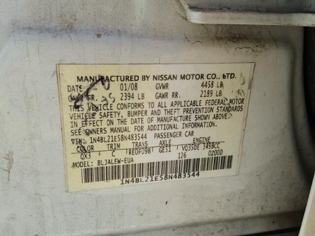 1N4BL21E58N483544 - 2008 NISSAN ALTIMA 3.5 WHITE photo 10