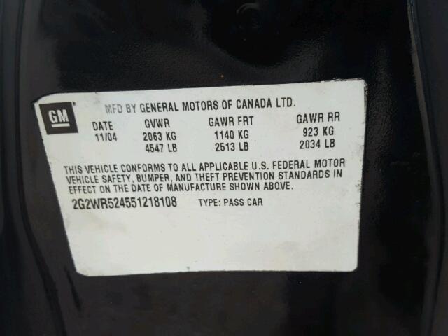 2G2WR524551218108 - 2005 PONTIAC GRAND PRIX BLACK photo 10