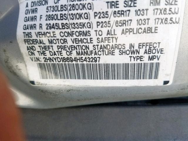 2HNYD18694H543297 - 2004 ACURA MDX TOURIN SILVER photo 10