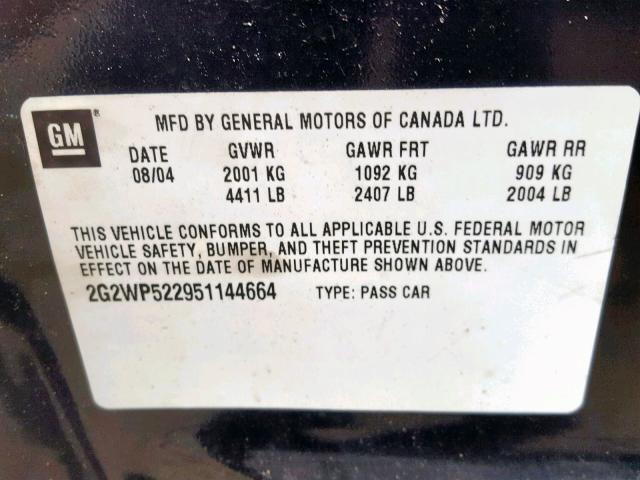 2G2WP522951144664 - 2005 PONTIAC GRAND PRIX BLACK photo 10