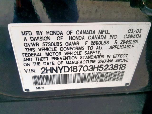 2HNYD18703H523818 - 2003 ACURA MDX TOURIN BLACK photo 10