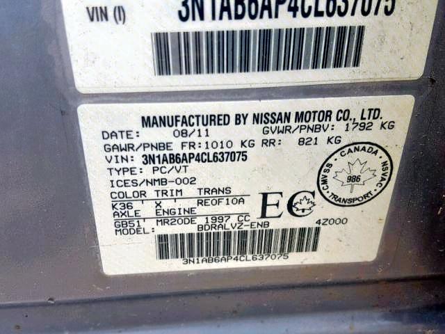 3N1AB6AP4CL637075 - 2012 NISSAN SENTRA 2.0 SILVER photo 9