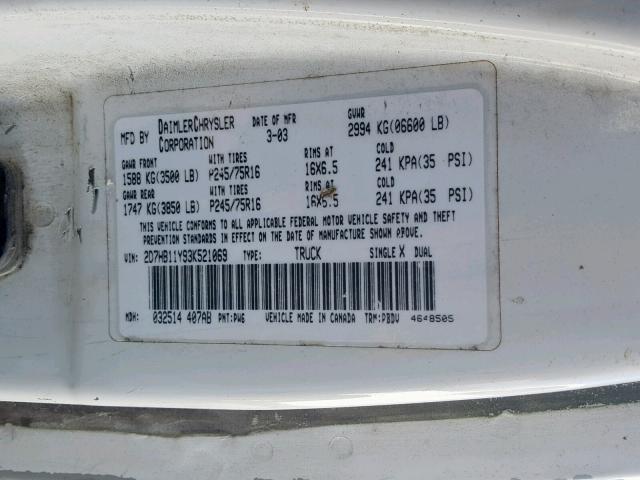 2D7HB11Y93K521069 - 2003 DODGE RAM VAN B1 WHITE photo 10