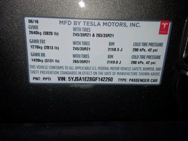 5YJSA1E28GF142260 - 2016 TESLA MODEL S GRAY photo 10