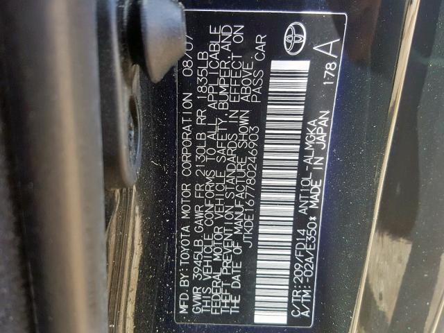 JTKDE167780246903 - 2008 TOYOTA SCION TC შავი ფოტო 10