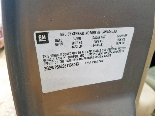 2G2WP552061138443 - 2006 PONTIAC GRAND PRIX GOLD photo 10