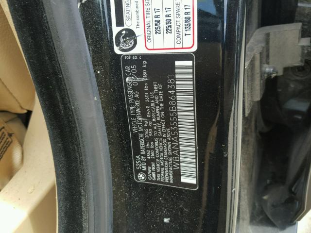 WBANA53555B864381 - 2005 BMW 525 I BLACK photo 10