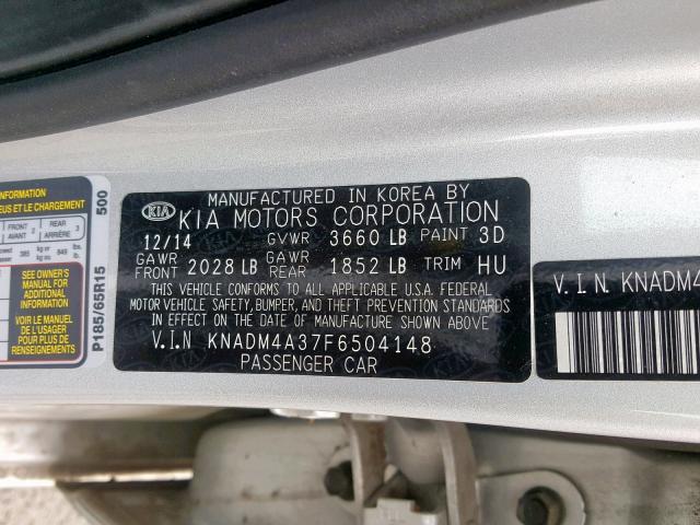 KNADM4A37F6504148 - 2015 KIA RIO LX SILVER photo 10