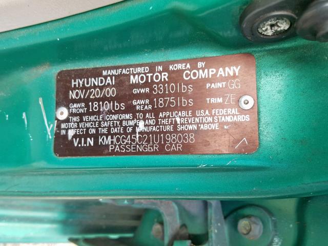 KMHCG45C21U198038 - 2001 HYUNDAI ACCENT GL GREEN photo 10