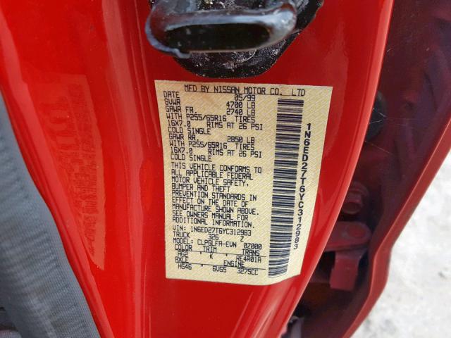 1N6ED27T6YC312983 - 2000 NISSAN FRONTIER C RED photo 10