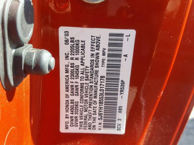 5J6YH18553L017178 - 2003 HONDA ELEMENT EX ORANGE photo 10