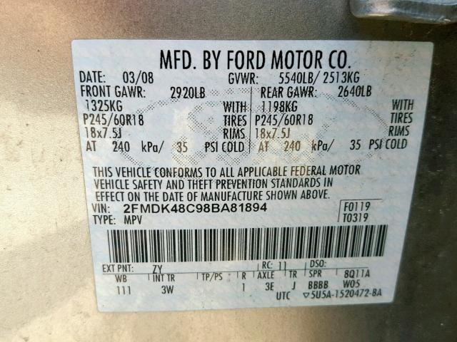 2FMDK48C98BA81894 - 2008 FORD EDGE SEL GRAY photo 10