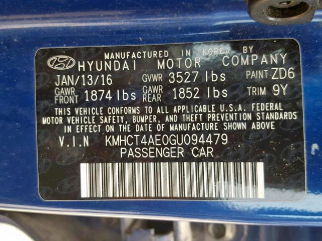 KMHCT4AE0GU094479 - 2016 HYUNDAI ACCENT SE GRAY photo 10