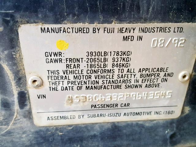 4S3BC6332P9643545 - 1993 SUBARU LEGACY L BLUE photo 10