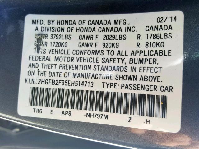 2HGFB2F95EH514713 - 2014 HONDA CIVIC EXL GRAY photo 10