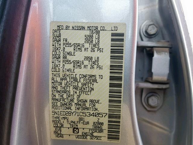 5N1ED28Y71C534057 - 2001 NISSAN XTERRA XE SILVER photo 10