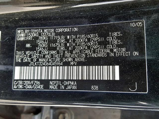 JTLKT324064045964 - 2006 TOYOTA SCION BLACK photo 10