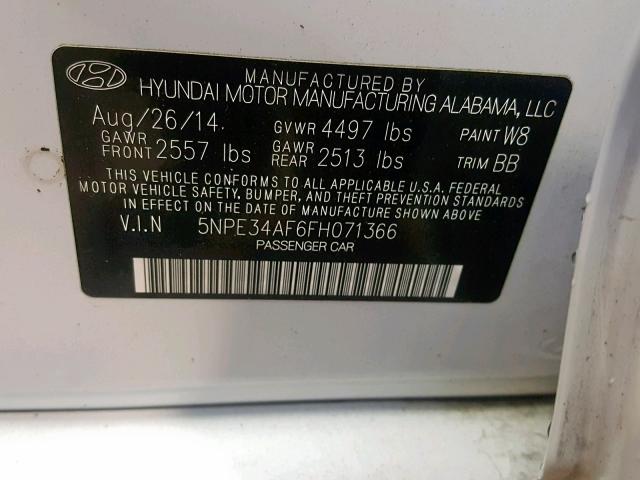 5NPE34AF6FH071366 - 2015 HYUNDAI SONATA SPO WHITE photo 10