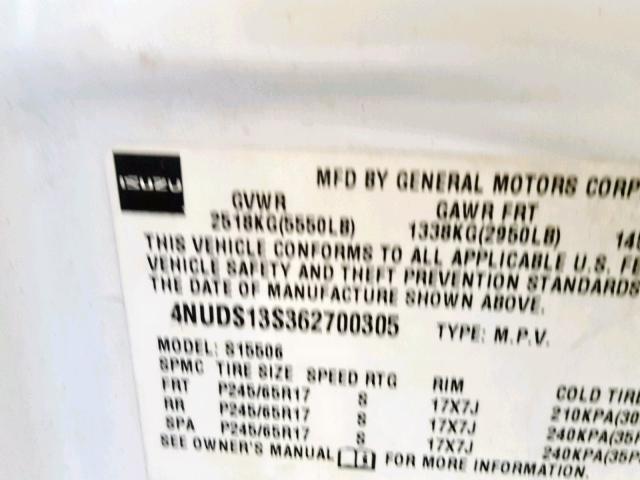 4NUDS13S362700305 - 2006 ISUZU ASCENDER S 白色 照片 10