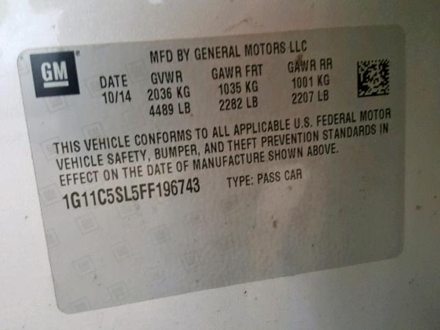 1G11C5SL5FF196743 - 2015 CHEVROLET MALIBU 1LT 银色 照片 10