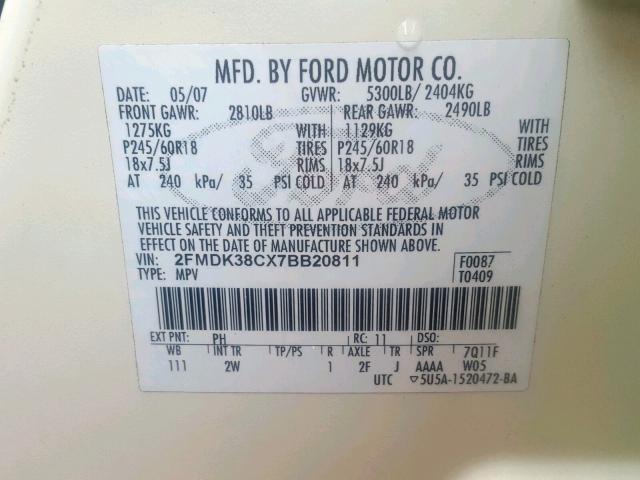 2FMDK38CX7BB20811 - 2007 FORD EDGE SEL CREAM photo 10