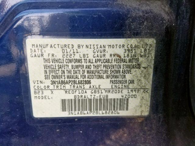 3N1AB6AP2BL682806 - 2011 NISSAN SENTRA 2.0 BLUE photo 10