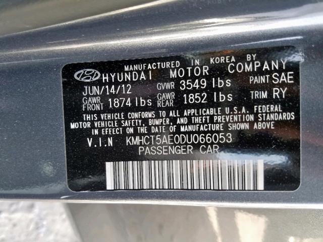 KMHCT5AE0DU066053 - 2013 HYUNDAI ACCENT SE GRAY photo 10