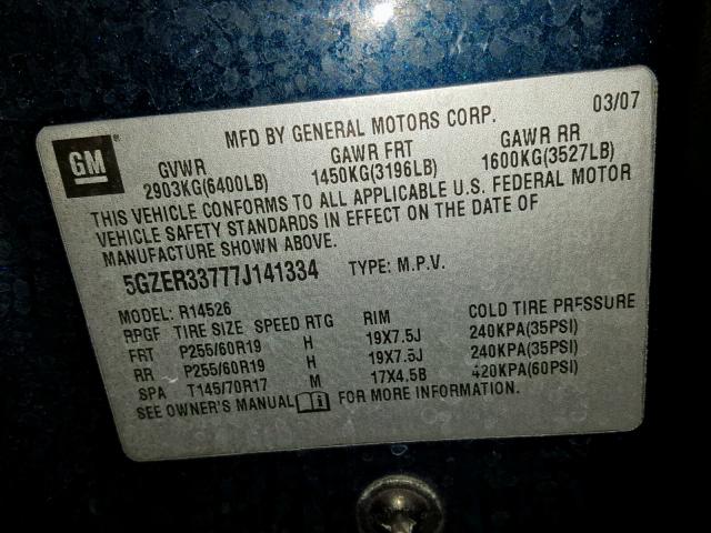 5GZER33777J141334 - 2007 SATURN OUTLOOK SP ლურჯი ფოტო 10