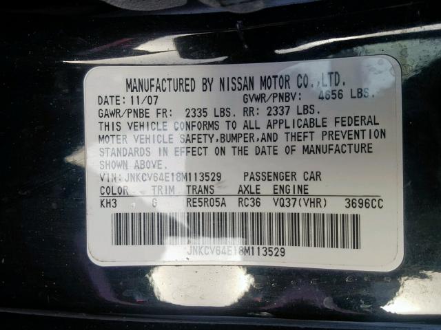 JNKCV64E18M113529 - 2008 INFINITI G37 BASE BLACK photo 10