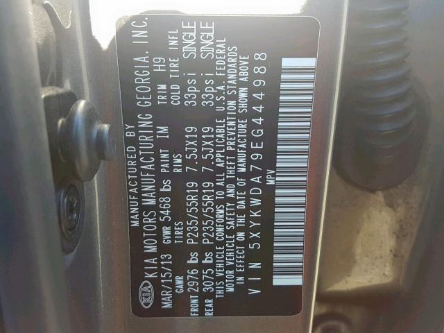 5XYKWDA79EG444988 - 2014 KIA SORENTO SX GRAY photo 10